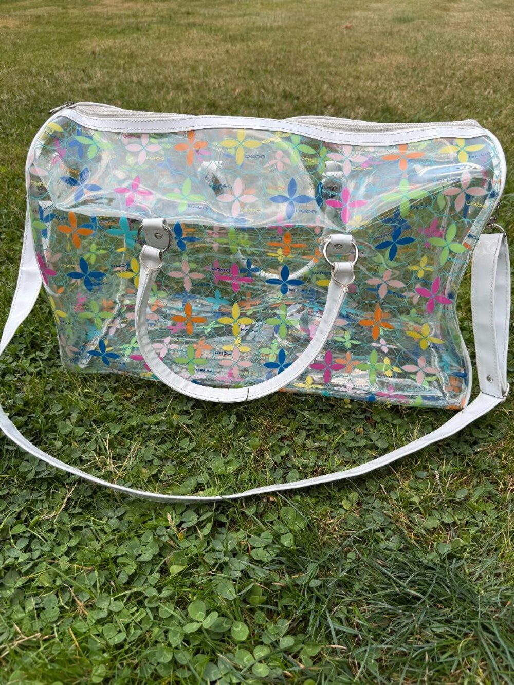 Bebe Clear Floral Duffle Bag Y2K White Trim Travel Weekender Beach Tote